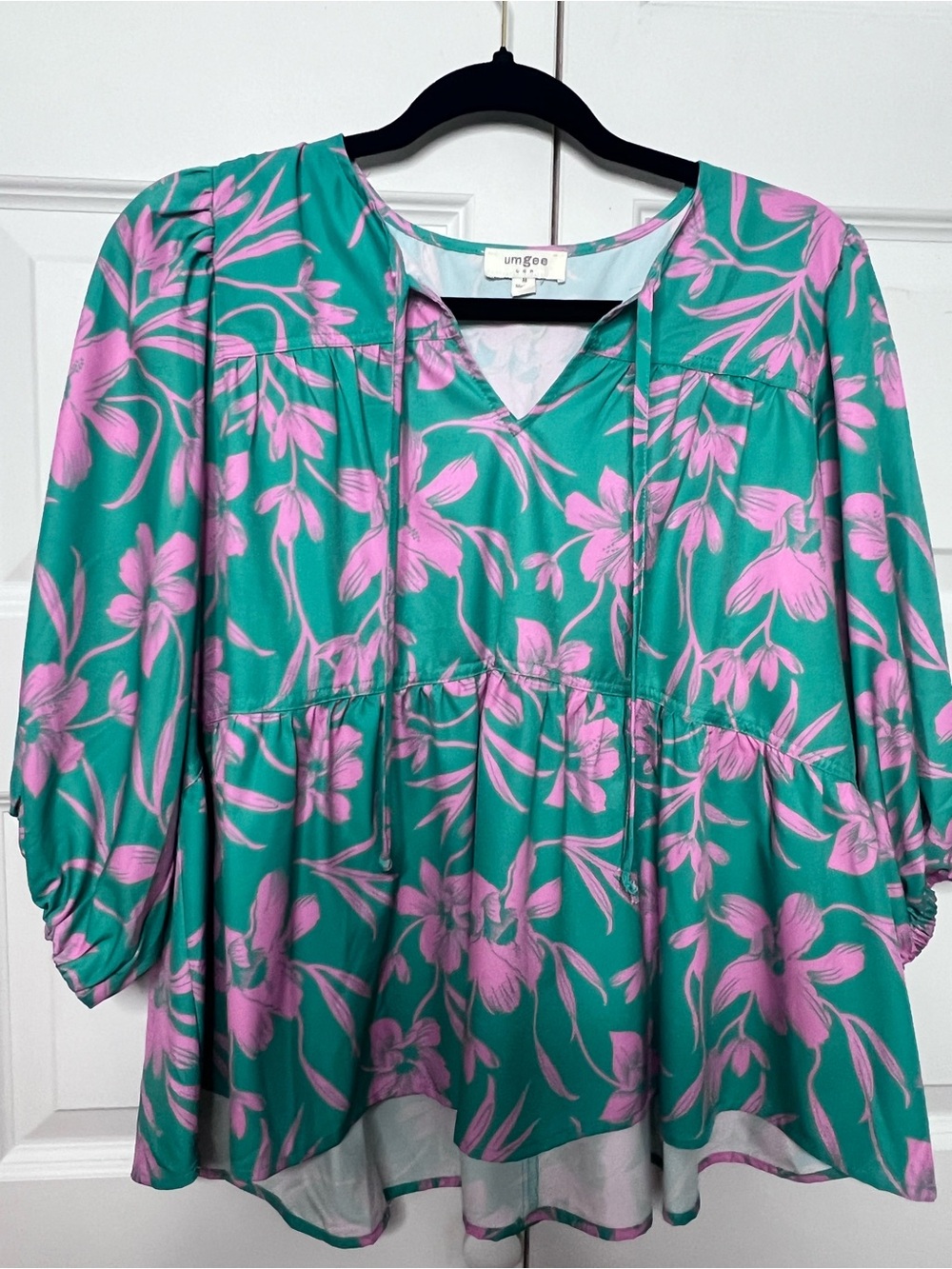 Umgee Floral Babydoll Blouse Top Medium Green Pink Boho Puff Sleeve